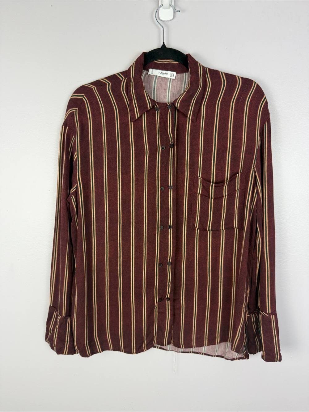 MANGO Suit Striped Button Down Blouse Burgundy Gold Green Size S / 4 - Picture 3 of 13